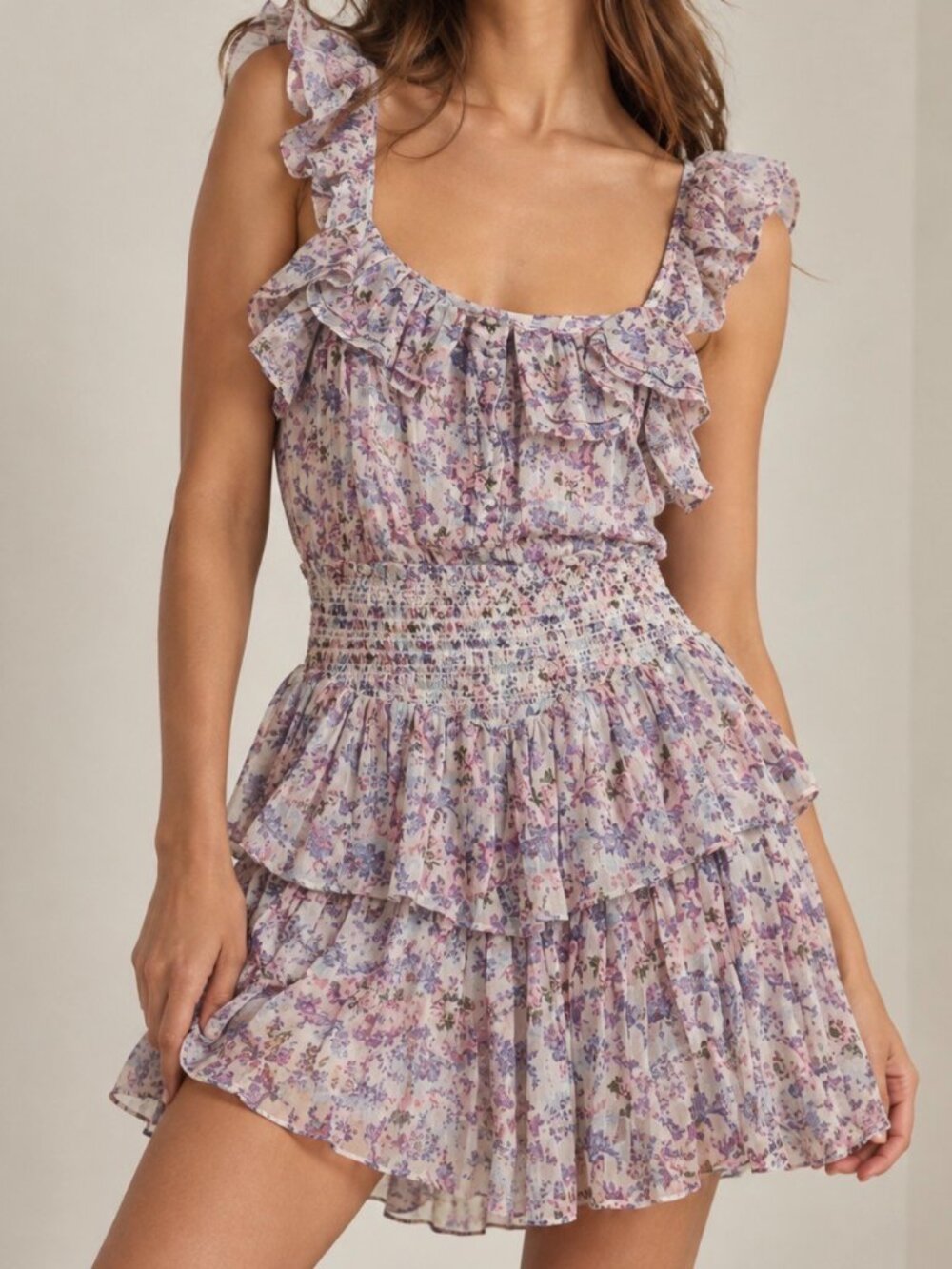 LoveShackFancy Shanely Floral Ruffled Mini Dress Positano Blue
